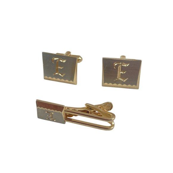 Gold-Plated Monogrammed "E" Cufflinks & Tie Clip Set - Picture 4 of 5